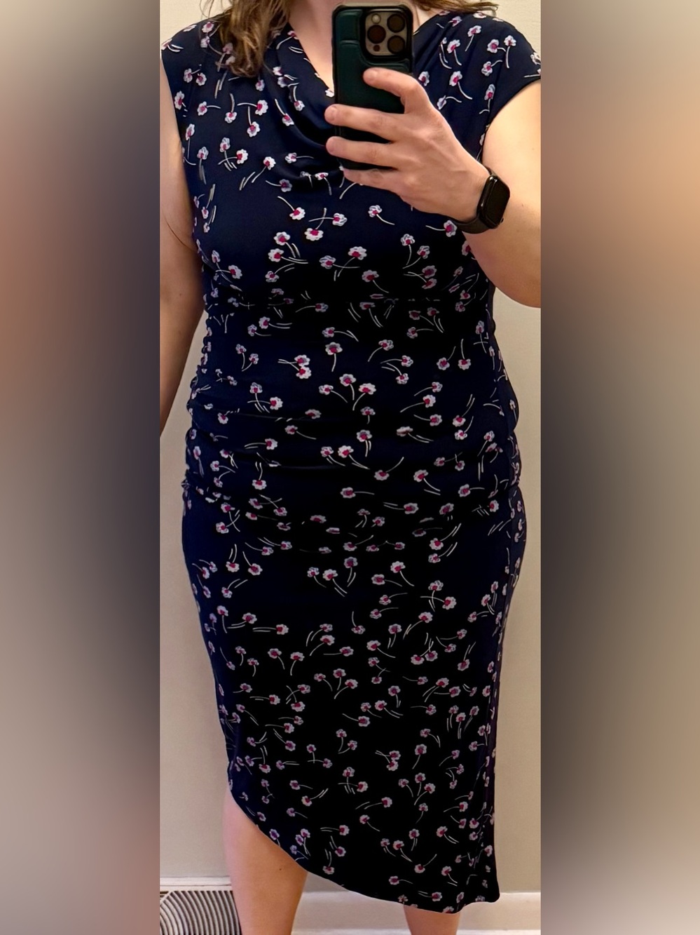 Vince Camuto Sheath Dress Large Stretch Fitted Floral Blue Ruched Women’s